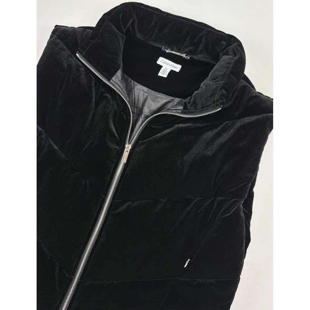 Calvin Klein Black Velvet Puffer Quilted Vest Full Zip Pockets. Women's Large